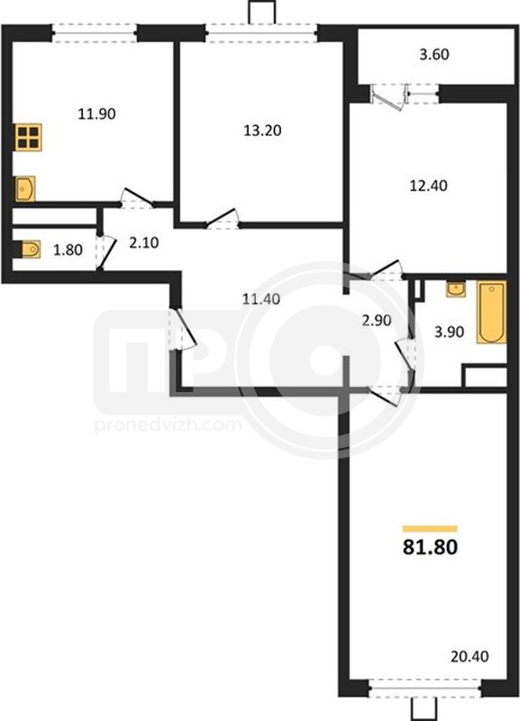 3-комнатная квартира, 81.8кв.м