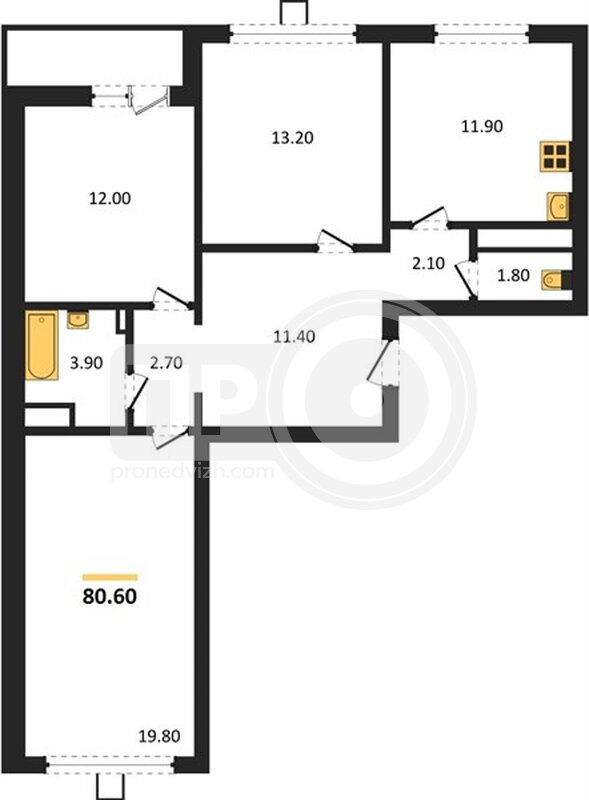 3-комнатная квартира, 80.6кв.м