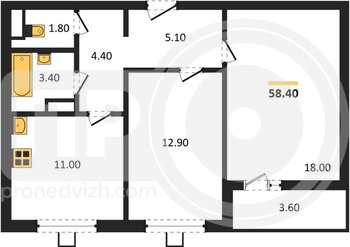 Миниатюра 2-комнатная квартира, 58.4кв.м