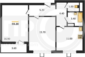 Миниатюра 2-комнатная квартира, 60.2кв.м