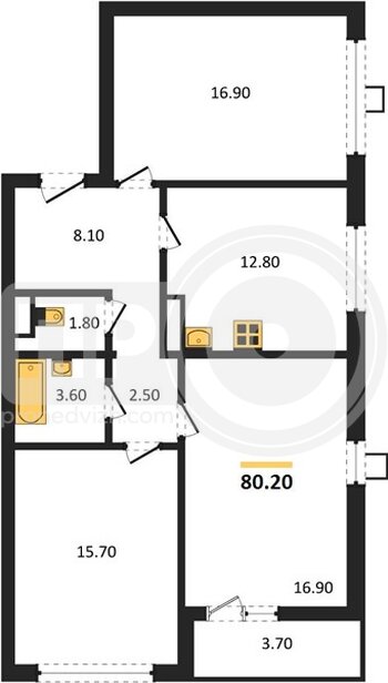 Миниатюра 3-комнатная квартира, 80.2кв.м