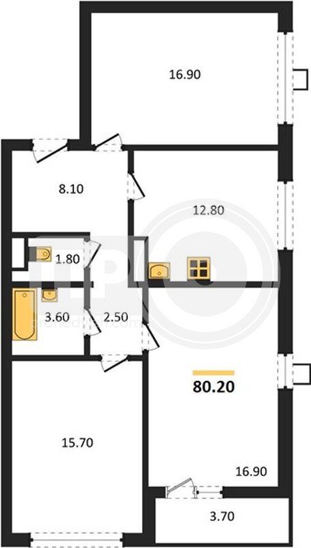 3-комнатная квартира, 80.2кв.м