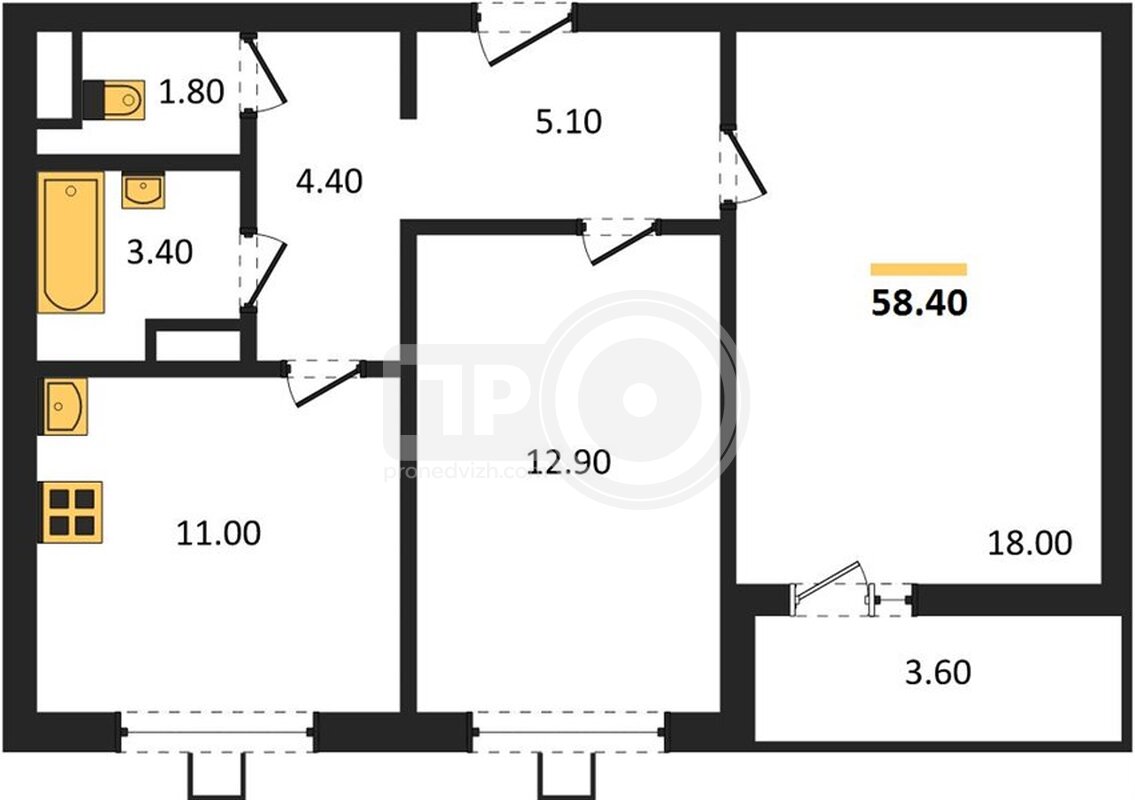 2-комнатная квартира, 58.4кв.м
