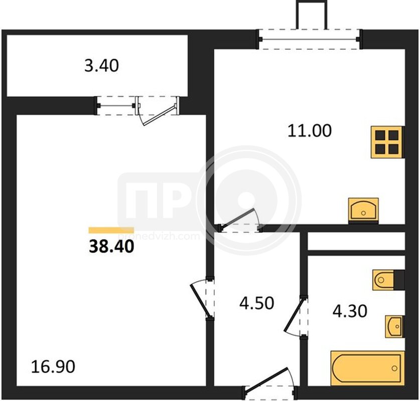 1-комнатная квартира, 38.4кв.м