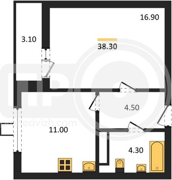 Миниатюра 1-комнатная квартира, 38.3кв.м