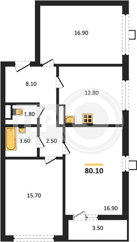 3-комнатная квартира, 80.1кв.м