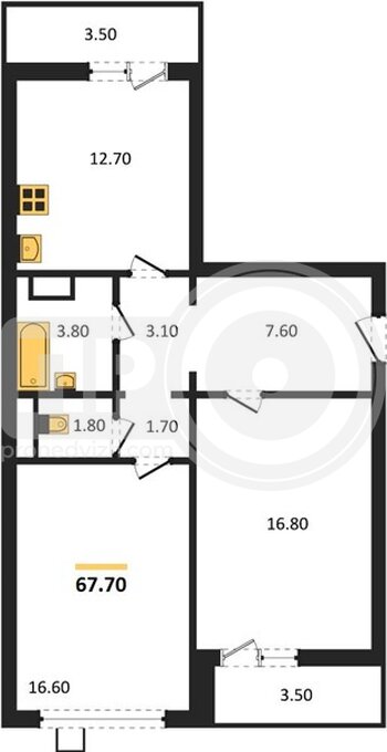 Миниатюра 2-комнатная квартира, 67.7кв.м
