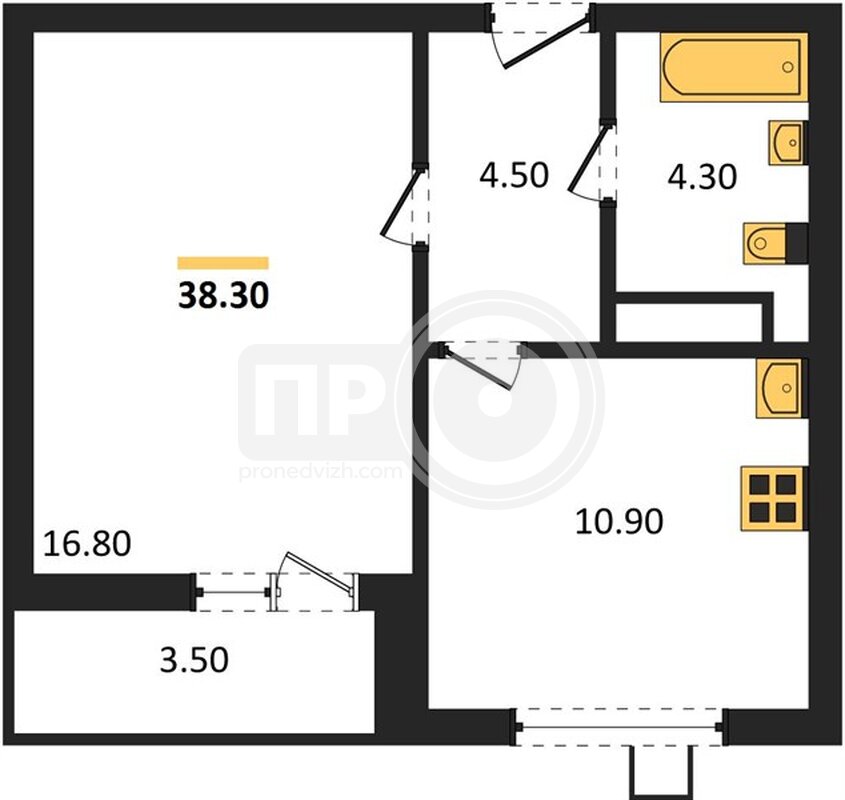 1-комнатная квартира, 38.3кв.м
