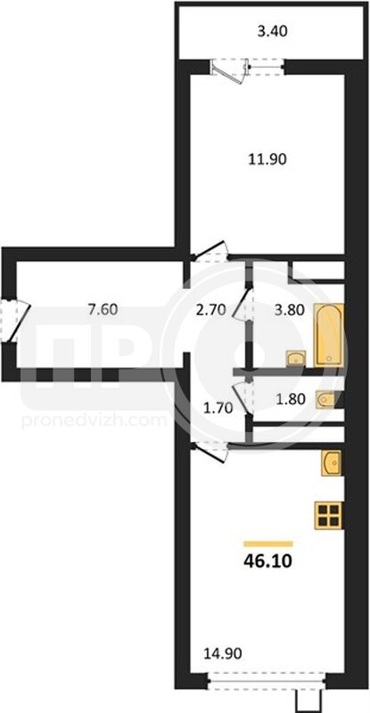 1-комнатная квартира, 46.1кв.м