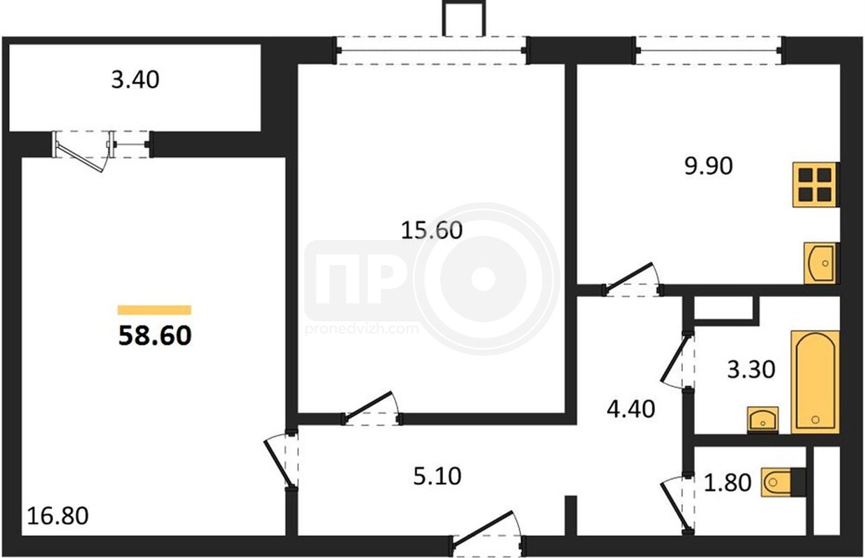 2-комнатная квартира, 58.6кв.м
