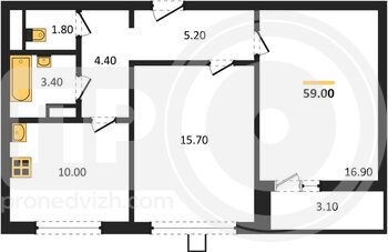Миниатюра 2-комнатная квартира, 59кв.м