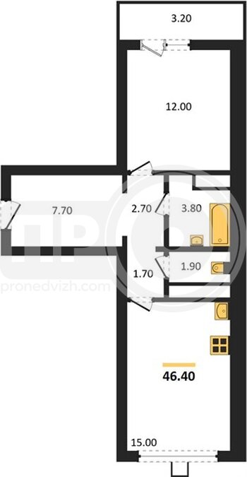Миниатюра 1-комнатная квартира, 46.4кв.м