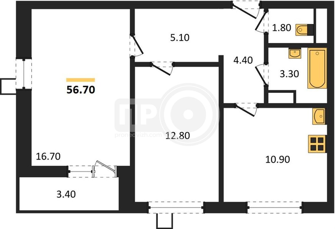 2-комнатная квартира, 56.7кв.м