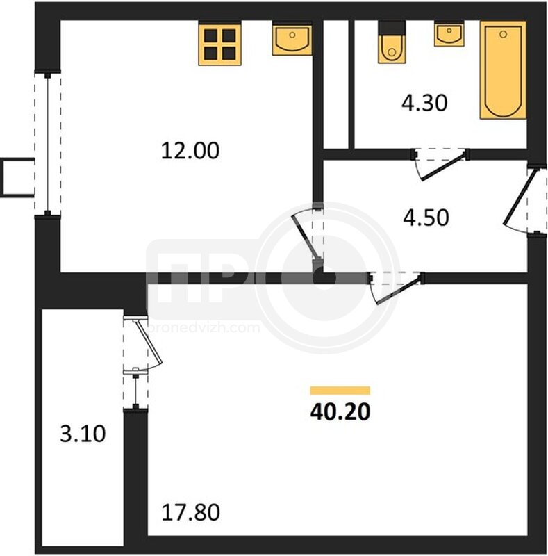 1-комнатная квартира, 40.2кв.м