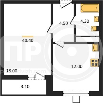 Миниатюра 1-комнатная квартира, 40.4кв.м