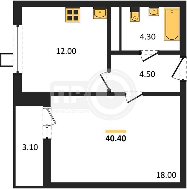 1-комнатная квартира, 40.4кв.м