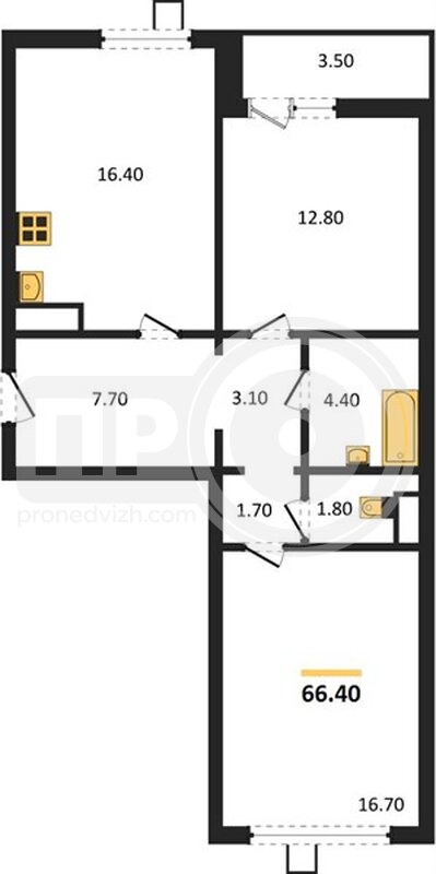 2-комнатная квартира, 66.4кв.м