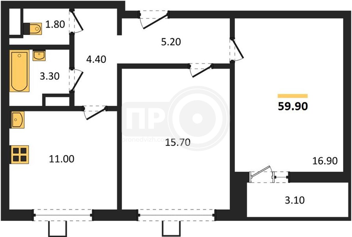 2-комнатная квартира, 59.9кв.м