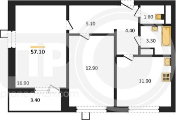 Миниатюра 2-комнатная квартира, 57.1кв.м