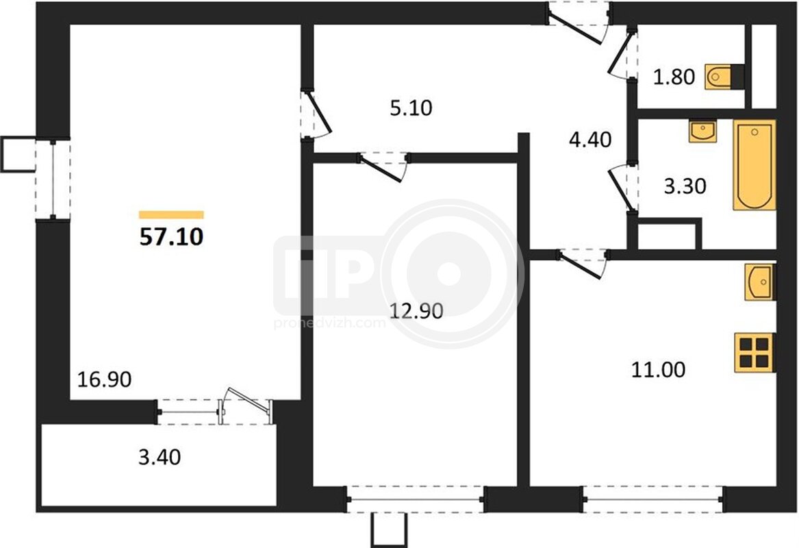 2-комнатная квартира, 57.1кв.м