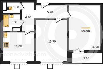 Миниатюра 2-комнатная квартира, 59.9кв.м