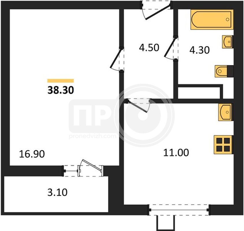 1-комнатная квартира, 38.3кв.м