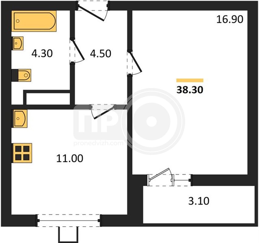 1-комнатная квартира, 38.3кв.м