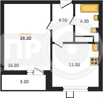 Миниатюра 1-комнатная квартира, 38.3кв.м