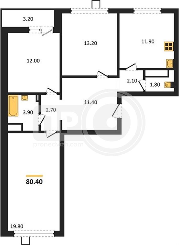 3-комнатная квартира, 80.4кв.м