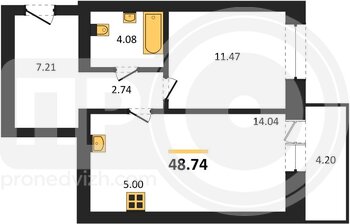 Миниатюра 1-комнатная квартира, 48.74кв.м