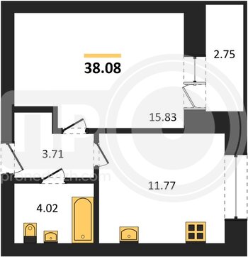 Миниатюра 1-комнатная квартира, 38.08кв.м
