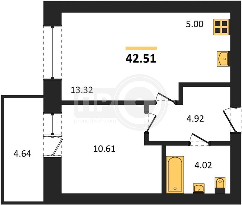 1-комнатная квартира, 42.51кв.м