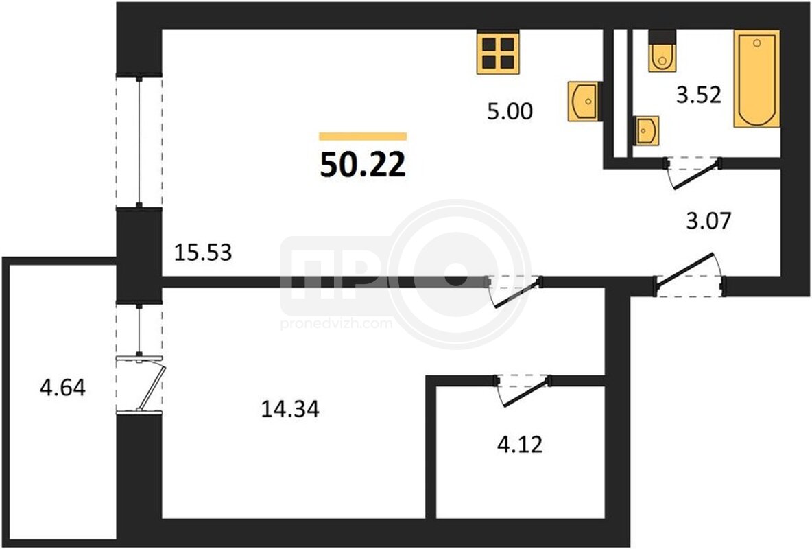 1-комнатная квартира, 50.22кв.м