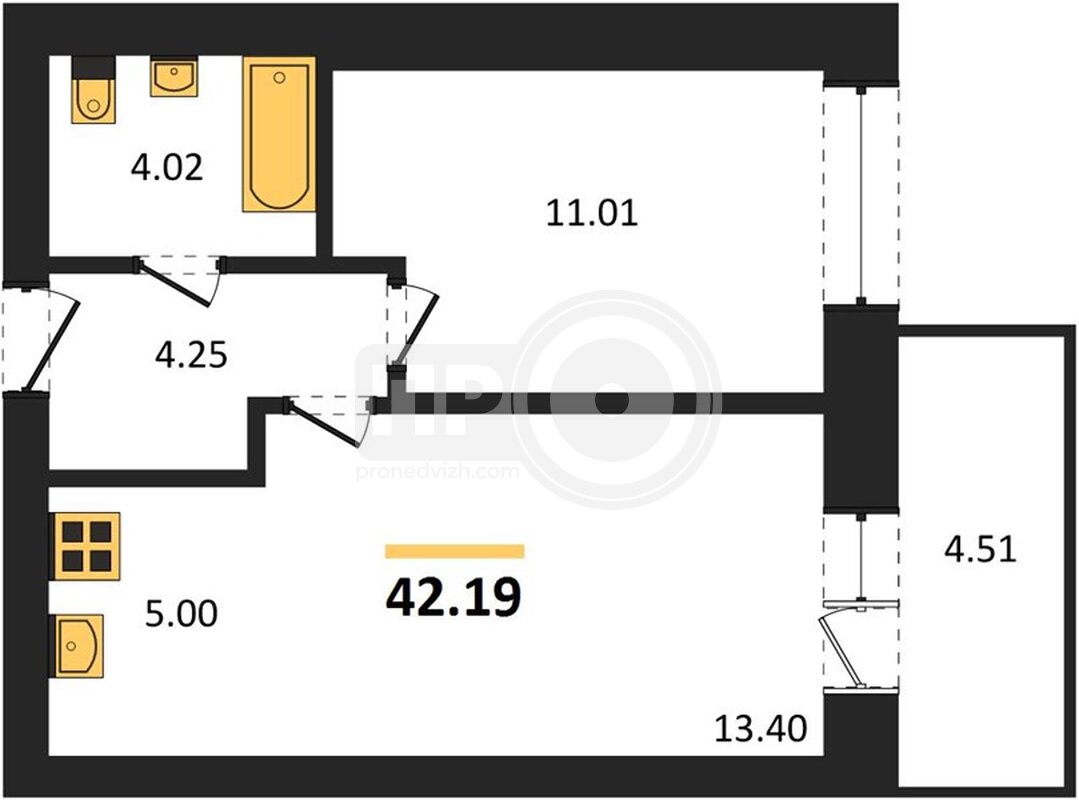 1-комнатная квартира, 42.19кв.м
