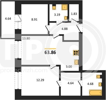 Миниатюра 2-комнатная квартира, 63.86кв.м