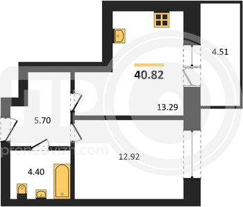 Миниатюра 1-комнатная квартира, 40.82кв.м