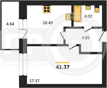 Миниатюра 1-комнатная квартира, 41.37кв.м