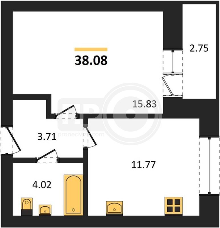 1-комнатная квартира, 38.08кв.м