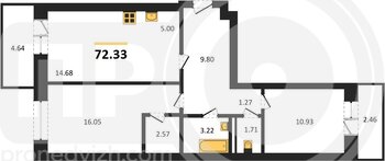 Миниатюра 2-комнатная квартира, 72.33кв.м