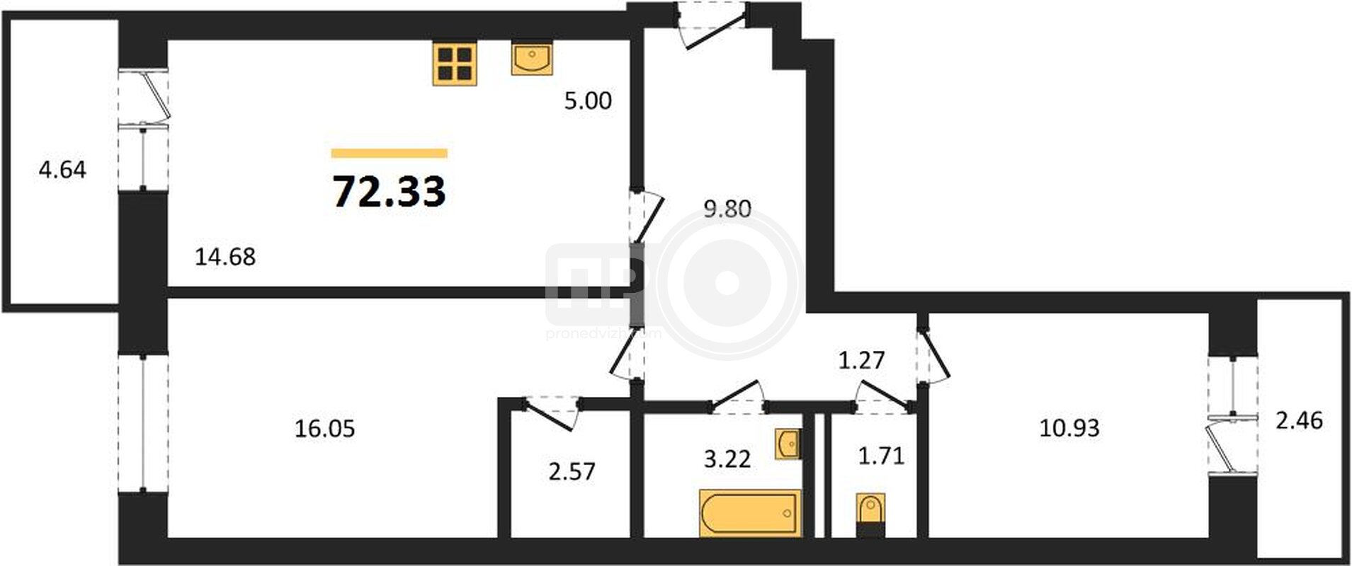 2-комнатная квартира, 72.33кв.м