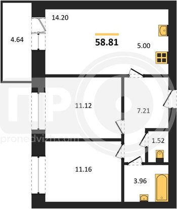 Миниатюра 2-комнатная квартира, 58.81кв.м