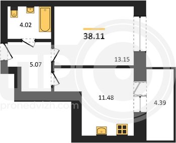 Миниатюра 1-комнатная квартира, 38.11кв.м
