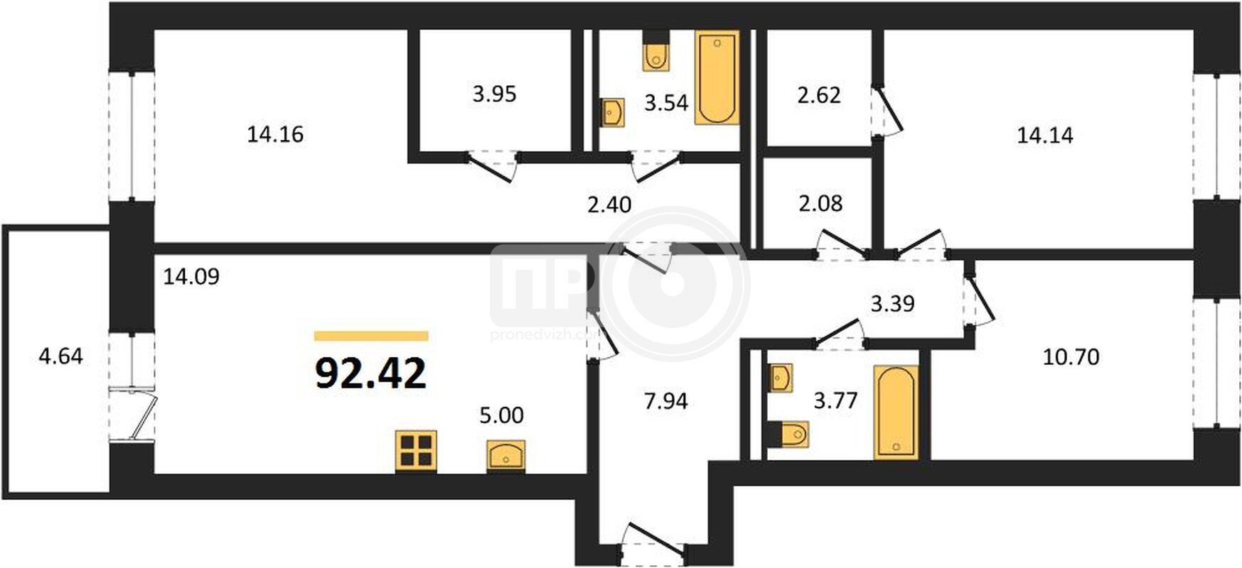 3-комнатная квартира, 92.42кв.м