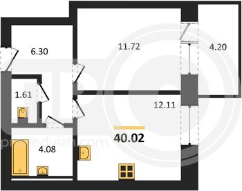 Миниатюра 1-комнатная квартира, 40.02кв.м