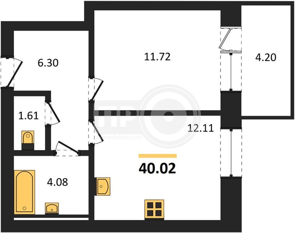 1-комнатная квартира, 40.02кв.м