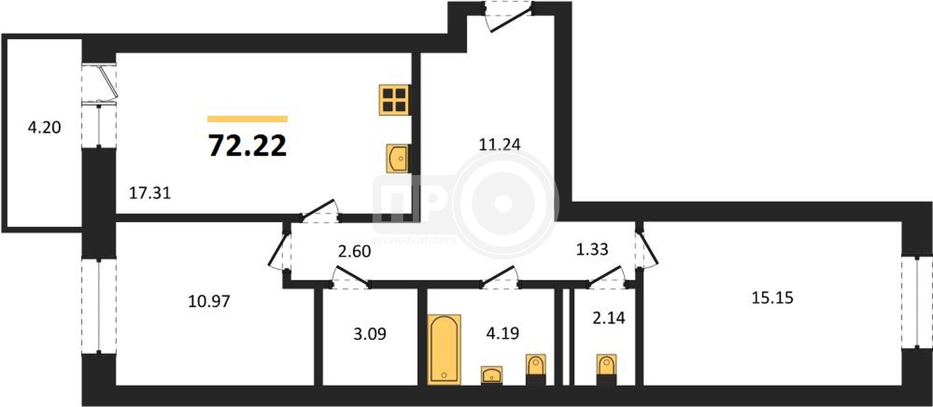 2-комнатная квартира, 72.22кв.м