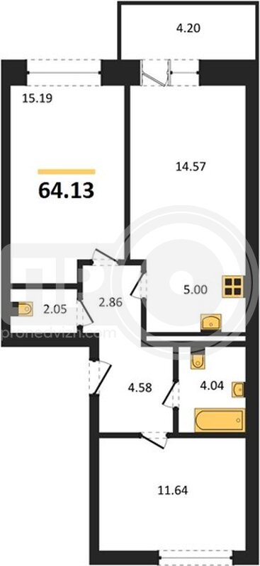 2-комнатная квартира, 64.13кв.м