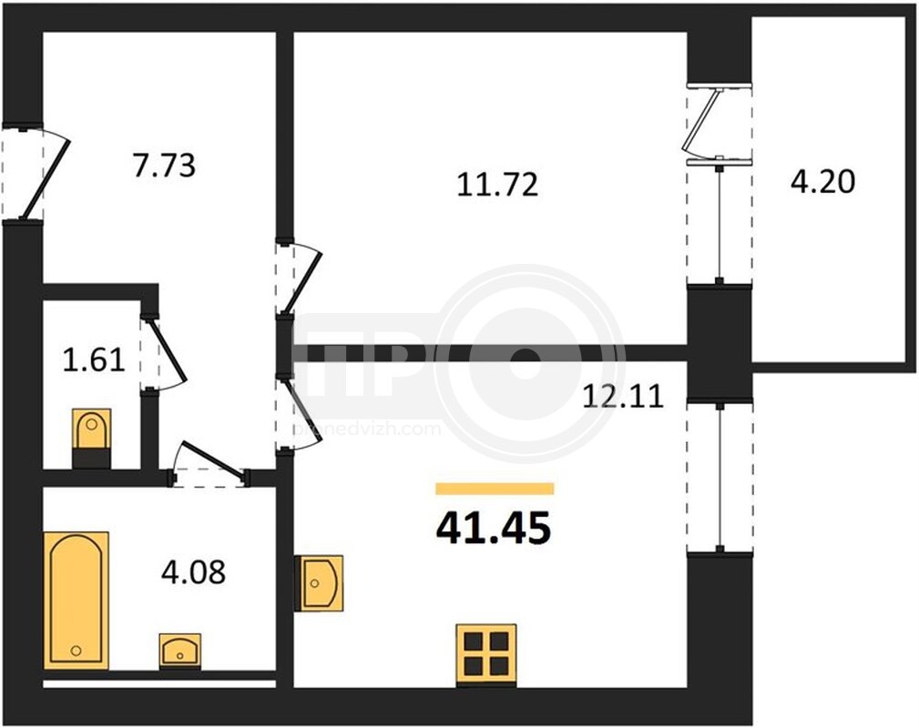 1-комнатная квартира, 41.45кв.м