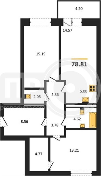 Миниатюра 2-комнатная квартира, 78.81кв.м