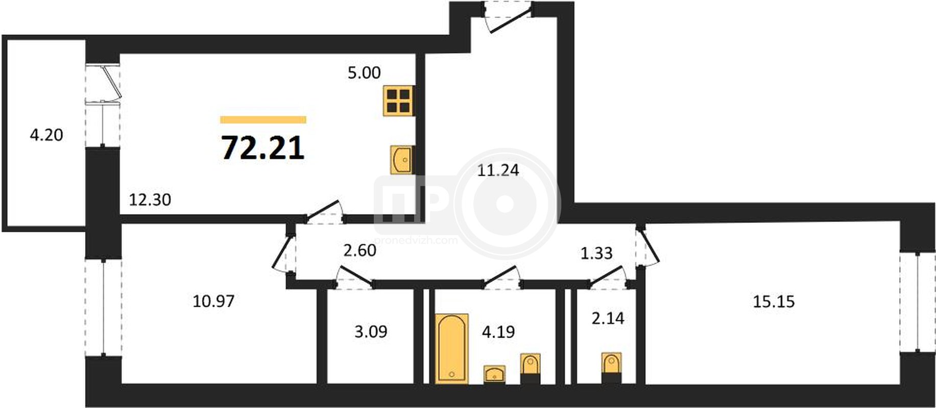 2-комнатная квартира, 72.21кв.м